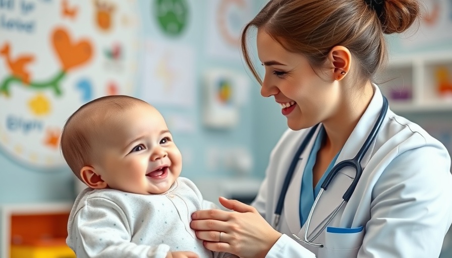 Nurse examines smiling baby in colorful pediatric clinic, preventive care insurance coverage.