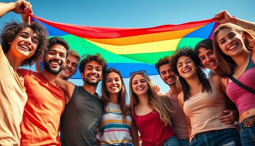 Diverse friends celebrating under rainbow flag, LGBTQ+ health and safety.