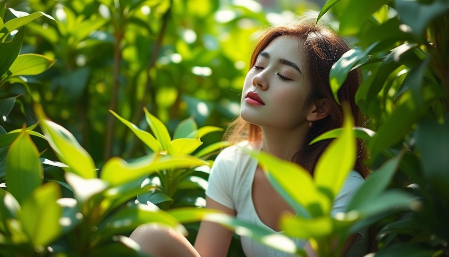 Young woman in peaceful garden, symbolizing Mental Health Awareness Month.
