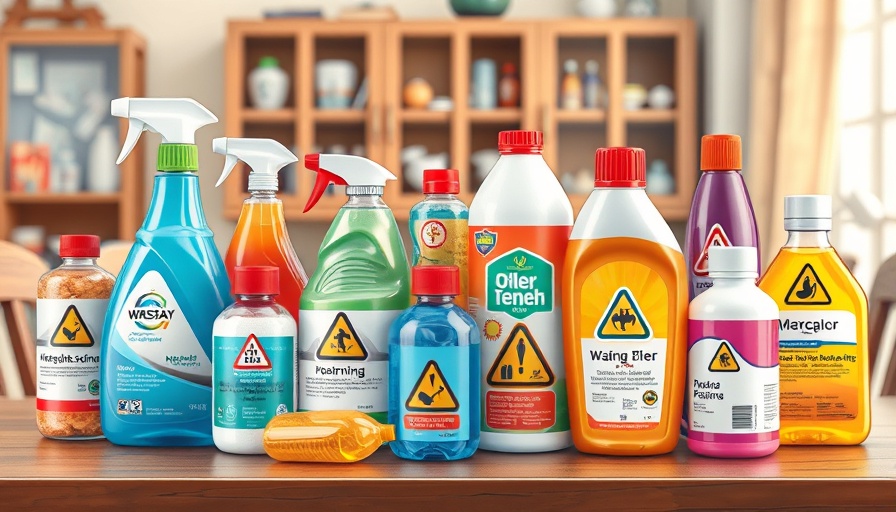 Household items with warning labels for Poison Prevention Month.
