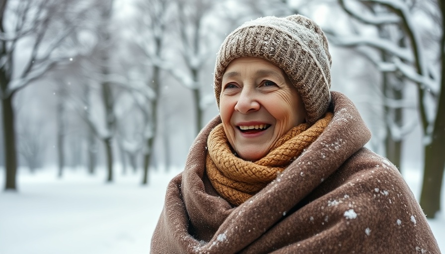 Senior enjoying a snowy day in a park; cold weather safety.
