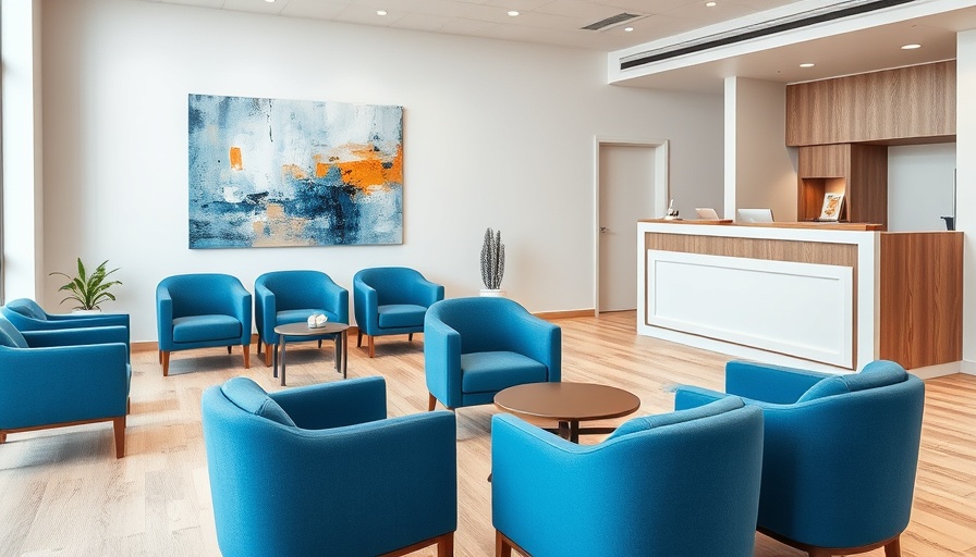 Direct Primary Care and Wellness modern waiting area with blue chairs and art.