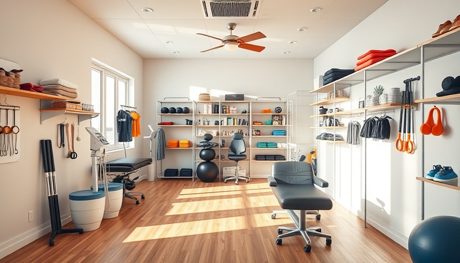 Chiropractic office interior with therapy tools and sports gear.