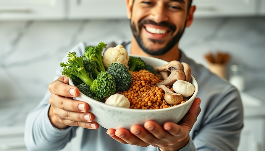 Man showcasing Bryan Johnson's Longevity Bowl with fresh ingredients.