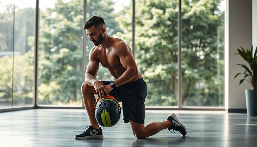 Athletic man kneeling indoors, exercise focus, lush view.