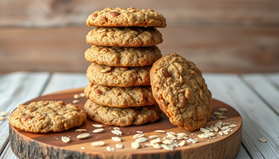 Stack of chewy oatmeal protein cookies on a wooden board