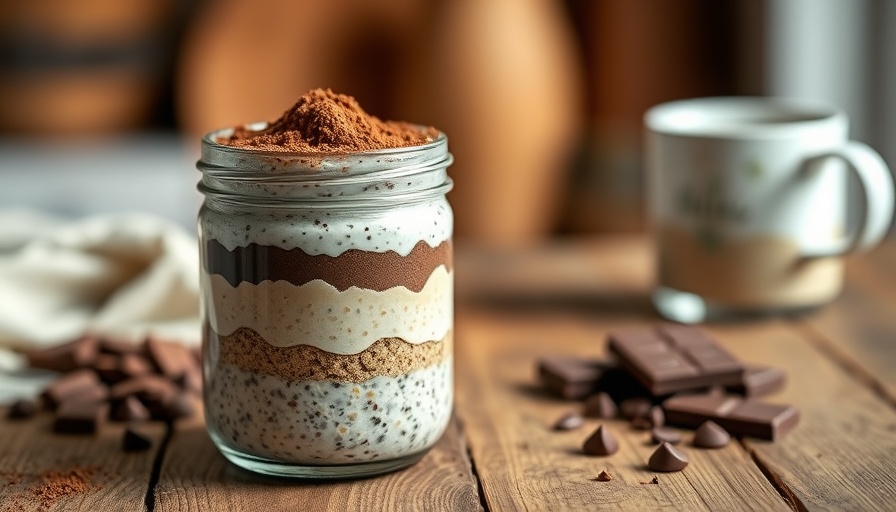 Tiramisu protein overnight oats recipe in a jar with cocoa topping.
