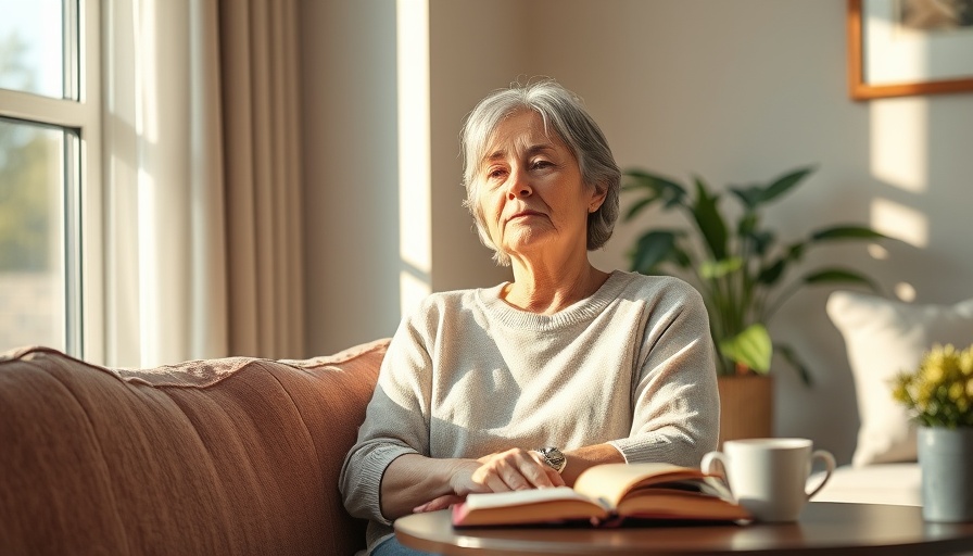 Middle-aged woman reflecting on chronic illness and emotional wellness in a cozy setting.