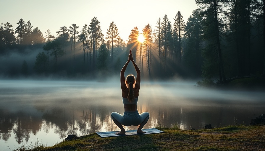 Serene woman practicing yoga by a misty lake at sunrise, highlighting the importance of community in wellness.