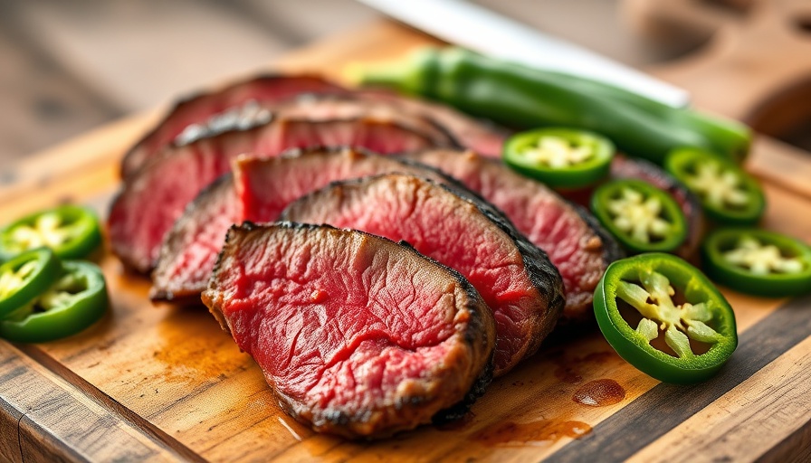 Juicy elk steak slices with jalapeños on a wooden board.