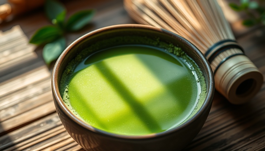 Matcha green tea in a bowl promoting health benefits.