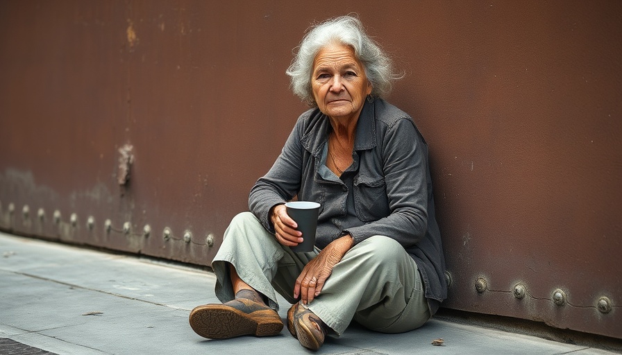 Homeless woman sitting against a brown wall holding a cup.