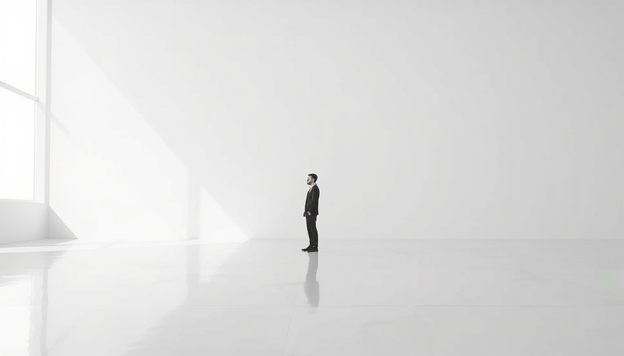 Introspective figure in minimal white space reflecting core beliefs in psychosis.