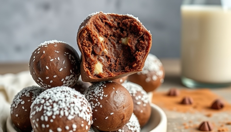 Mouth-watering no-bake cottage cheese brownie batter protein balls stacked with a bite taken.