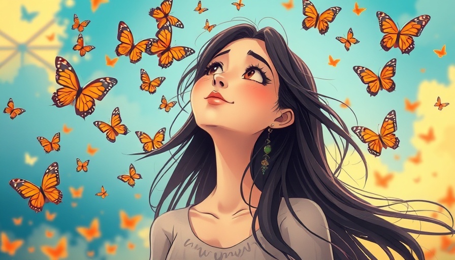 Whimsical woman releasing butterflies into a vibrant sky.