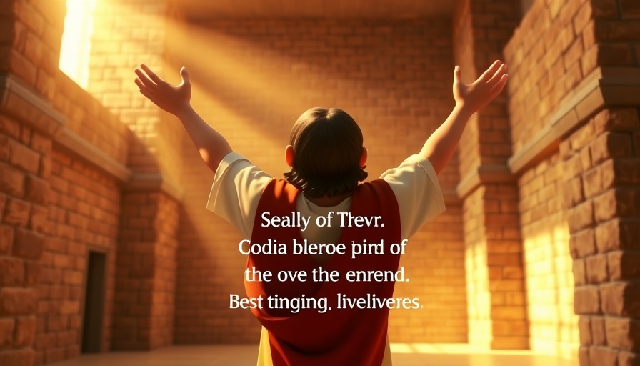 Animated biblical figure worshiping God in ancient temple.