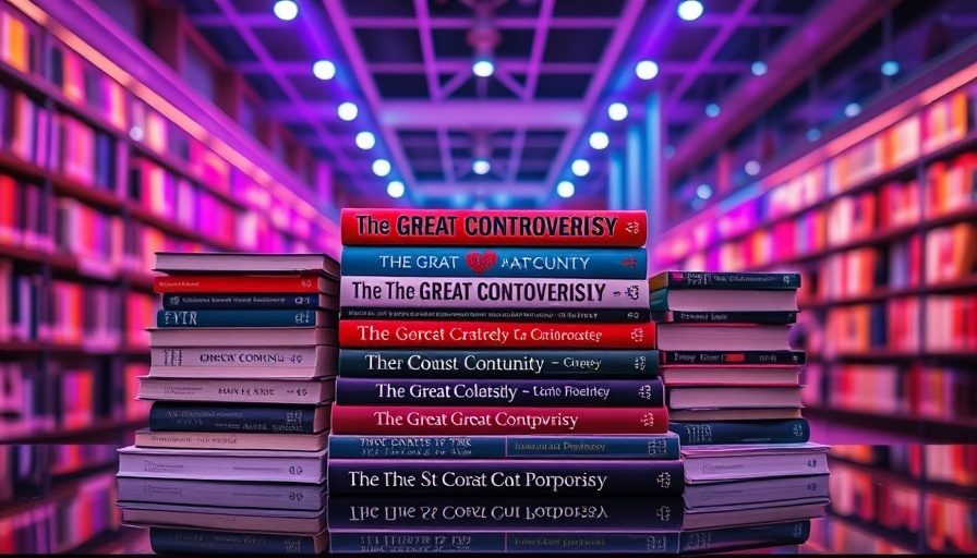 Stack of 'The Great Controversy' books displayed in a modern library setting.