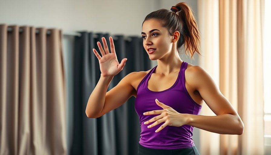 Athletic woman gesturing in fitness setting, FB Shift Program Duration.
