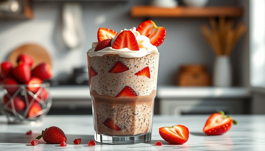 Chocolate Strawberry Protein Overnight Oats with strawberries and chocolate in kitchen.
