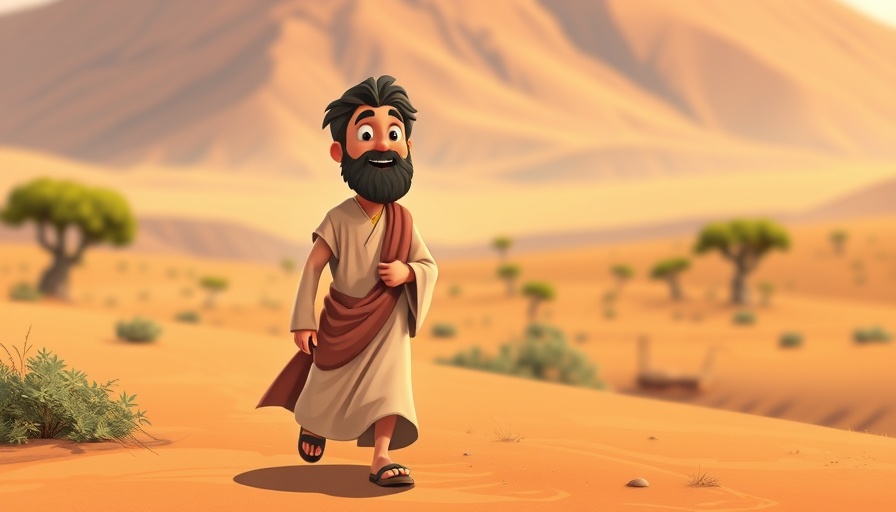 Superbook Nicodemus Episode character in arid landscape.