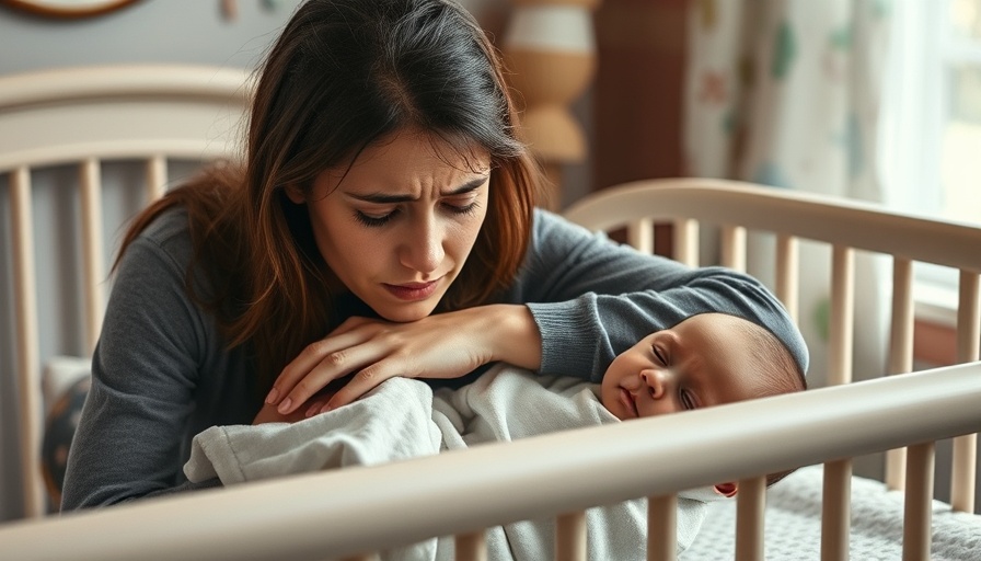 Maternal suicide awareness image showing an exhausted mother by a crib.