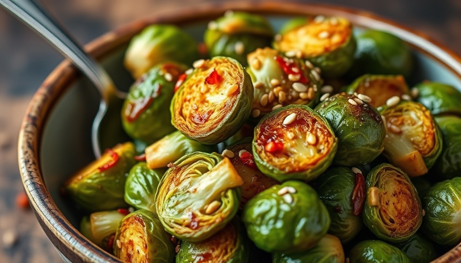 Chili Crunch Brussels Sprouts Recipe with sesame seeds in a bowl