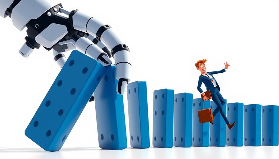 AI robot hand topples dominoes, businessman loses balance, LLMs.txt for AI SEO.