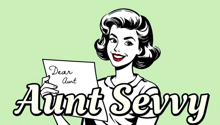 Retro illustration of woman with letter, 'Dear Aunt Sevvy' text
