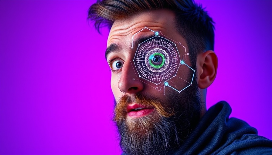 Surprised man with AR interface, AI content labeling theme.