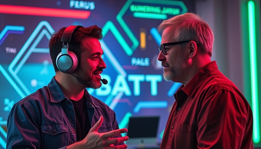Two men discussing AI registry oversight and innovation in a digital setting.