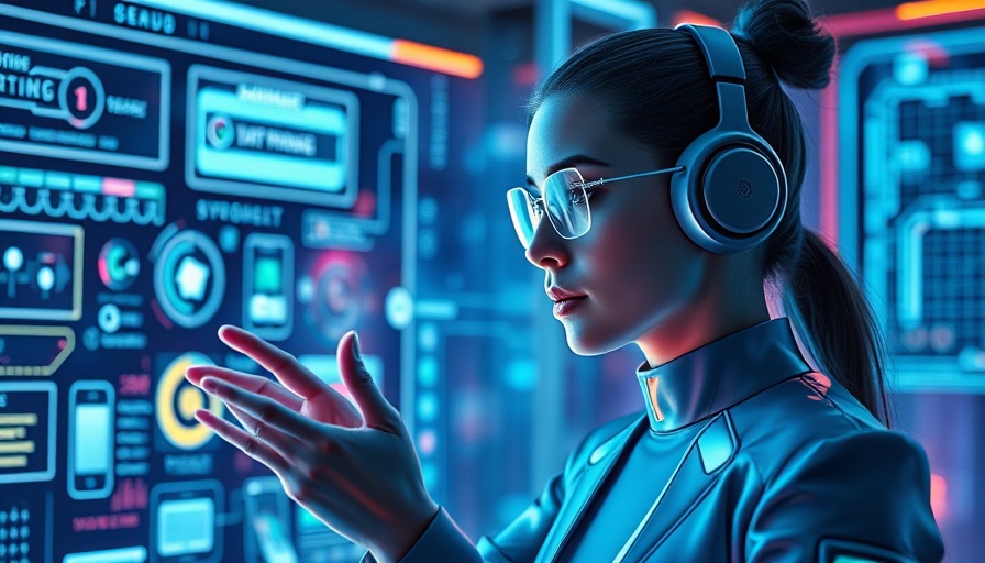 Futuristic digital assistant interacting holographically, vibrant neon ambiance.
