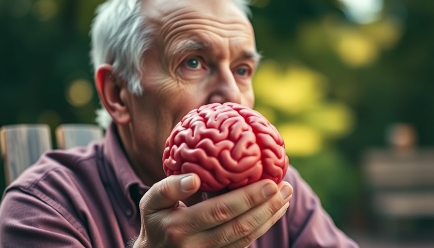 Elderly man holds red brain model, representing inflammation protecting aging brains.