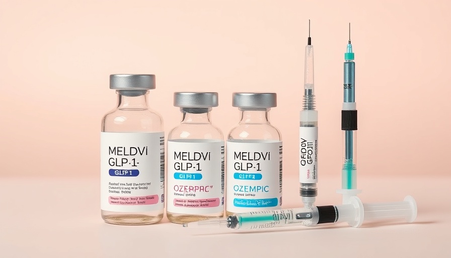 Display of MEDVi GLP-1 medications and Ozempic injection pens for weight loss.