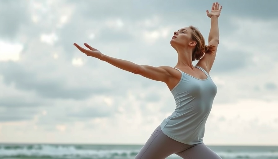 Woman practicing yoga on a beach with ocean background.