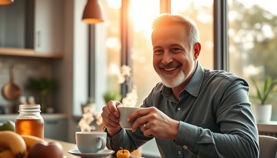 Businessman enjoying a morning routine with healthy breakfast in a sunny kitchen.