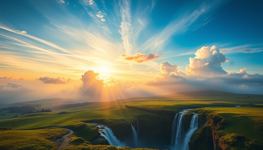 Superbook Revelation Renewal: heavenly landscape with luminous waterfalls.