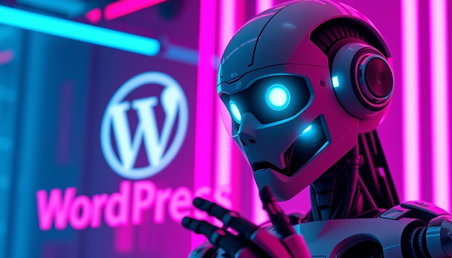Futuristic AI robot with WordPress logo in neon light, WordPress AI-agent optimization.