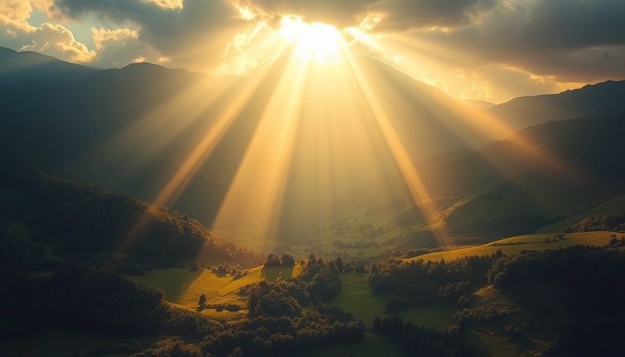 Radiant divine light over green valley symbolizing God's mercy