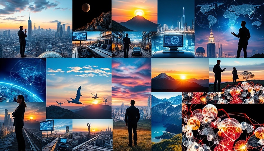 Collage depicting visionary thinking in leadership with futuristic and innovative concepts.