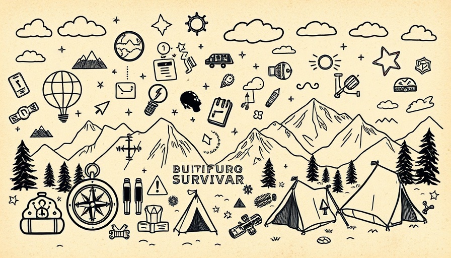 Illustrated survival elements on adventure map for preparedness.