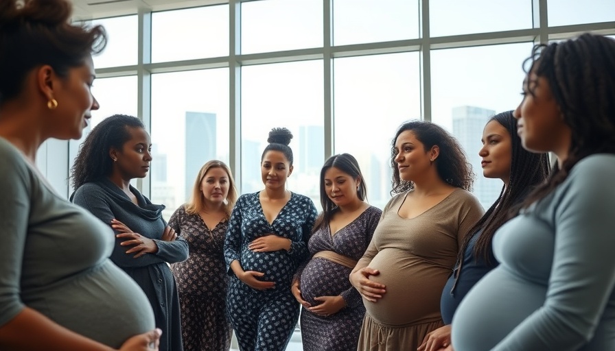 Pregnant women discussing mental health in a bright clinical setting.