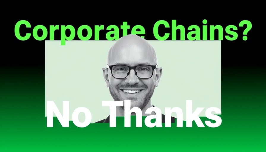 Corporate Chains in Blockchain concept with a grayscale image of a smiling man on a digital poster.