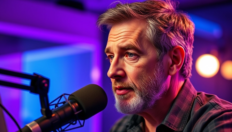 Man in a podcast studio discussing identity theft, with ambient lighting.
