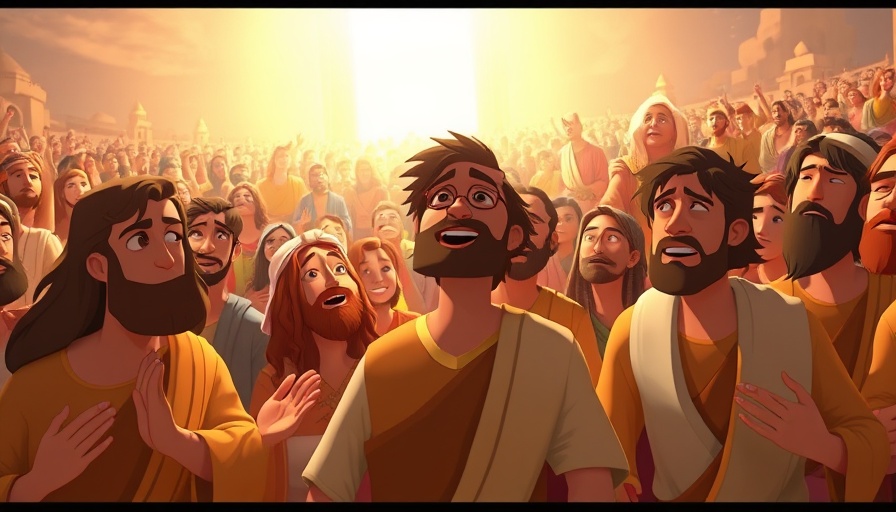 Animated Superbook scene of the Tower of Babel with praying figures.