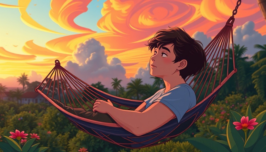 Relaxed young man in hammock at sunset, Cartoon style