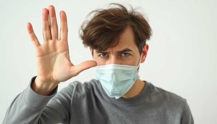 Person concerned about clozapine infection risk, hand up while coughing.