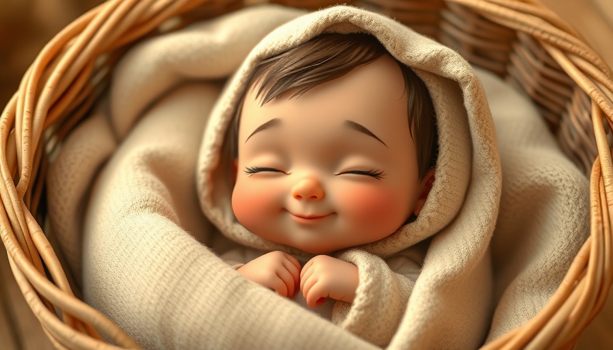 Charming animated baby Moses in a wicker basket, cartoon style.