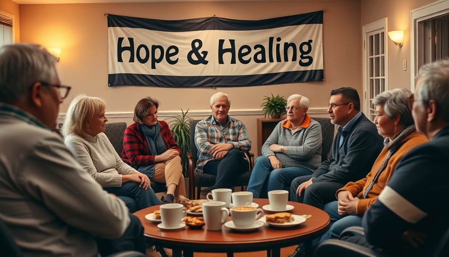 Community discussion circle in a church setting with a 'Hope & Healing' banner.