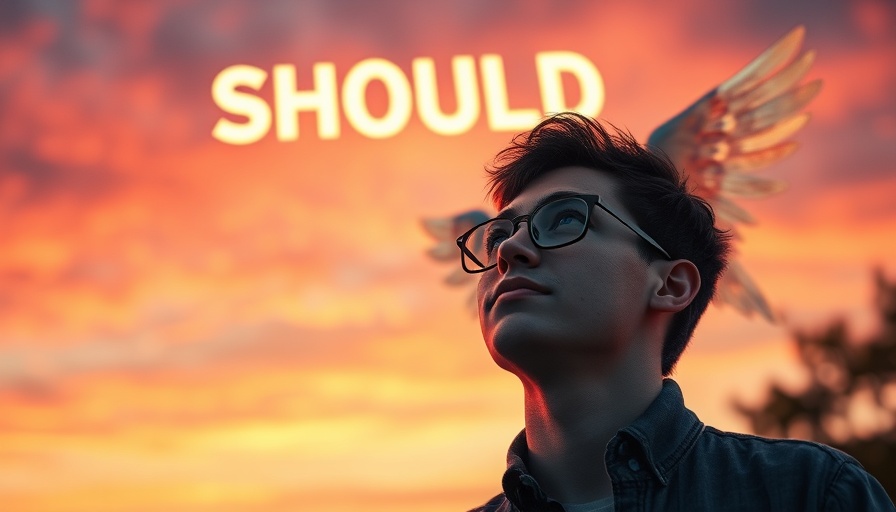 Young man reflecting on the word 'SHOULD' in sunset sky, grieving unmet expectations.