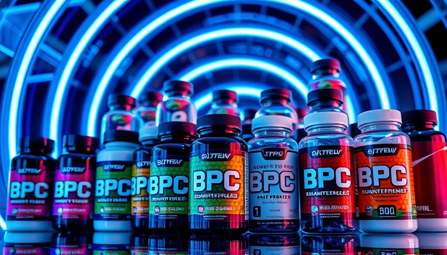 Diverse BPC-157 supplement bottles in a futuristic setting.